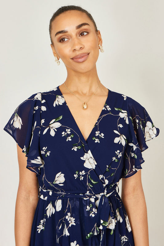 Yumi Navy Floral Wrap Midi Dress With Frill Hem