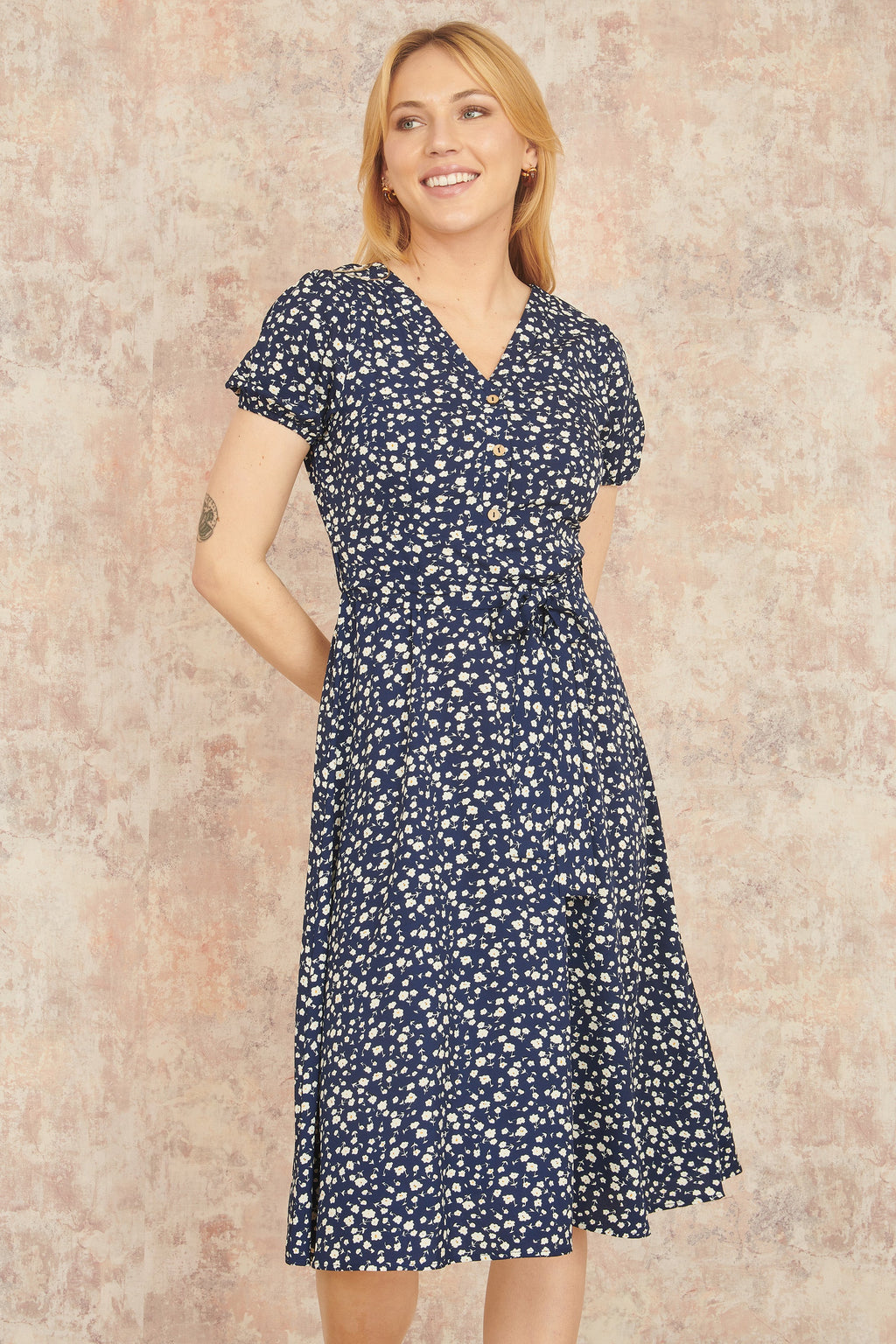 Yumi Navy Geo Print Retro Style Shirt Dress