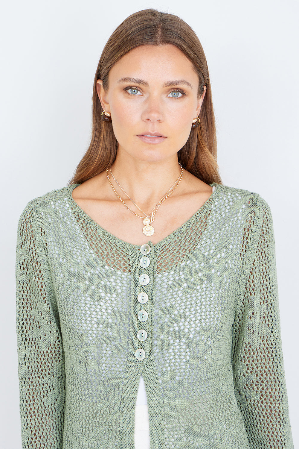 Yumi Green Flower Crochet Button Up Cardigan