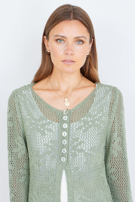 Yumi Green Flower Crochet Button Up Cardigan