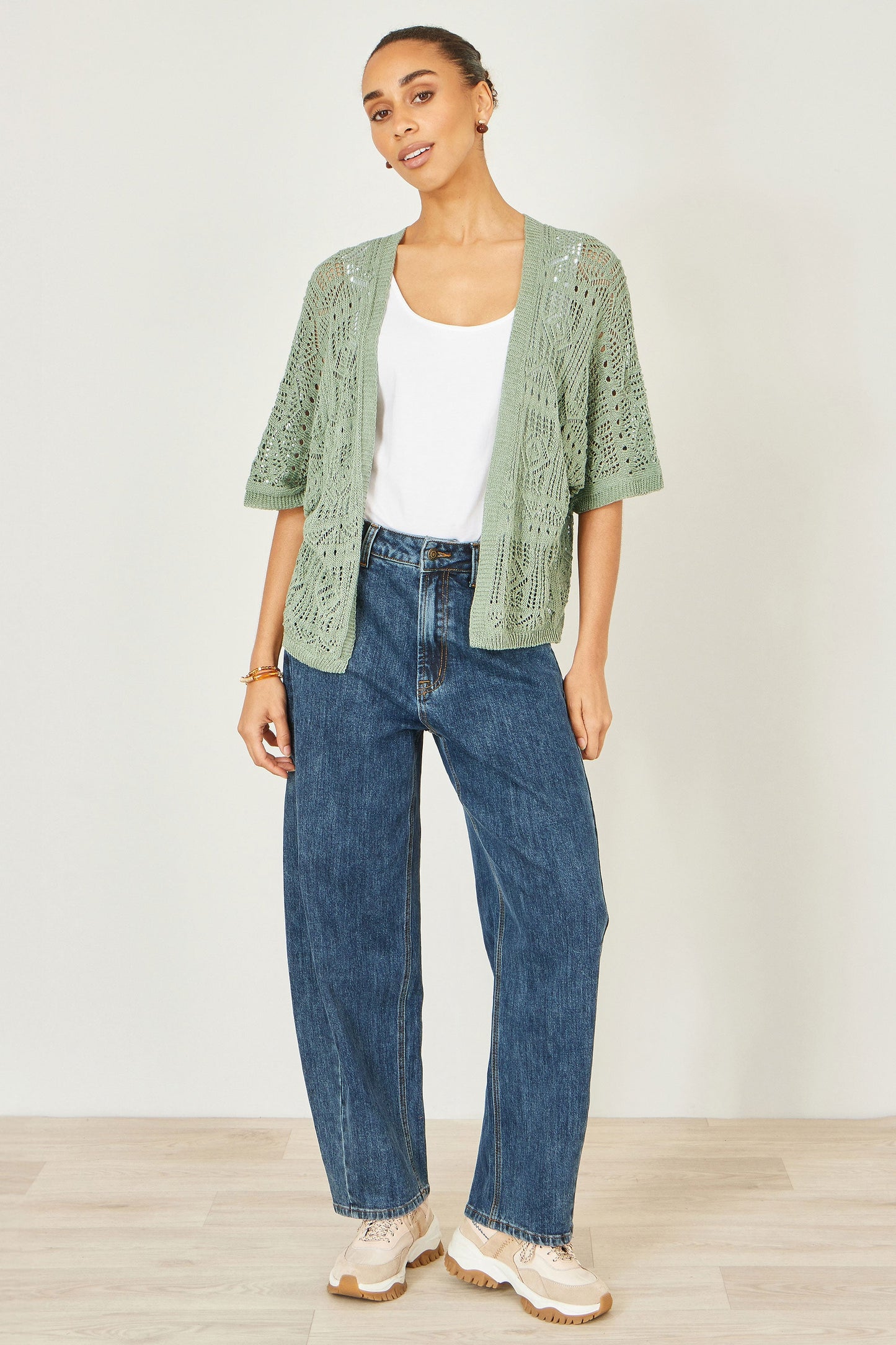 Yumi Green Crochet Edge To Edge 3/4 Sleeve Cardigan