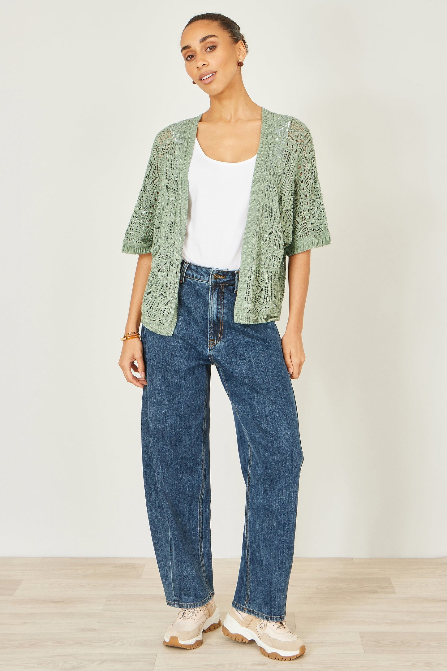 Yumi Green Crochet Edge To Edge 3/4 Sleeve Cardigan
