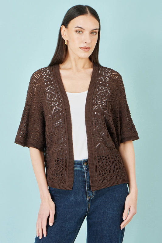 Yumi Brown Crochet Edge To Edge 3/4 Sleeve Cardigan