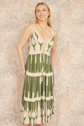 Yumi Green Viscose Paisley Print Lace Trim Midi Sun Dress