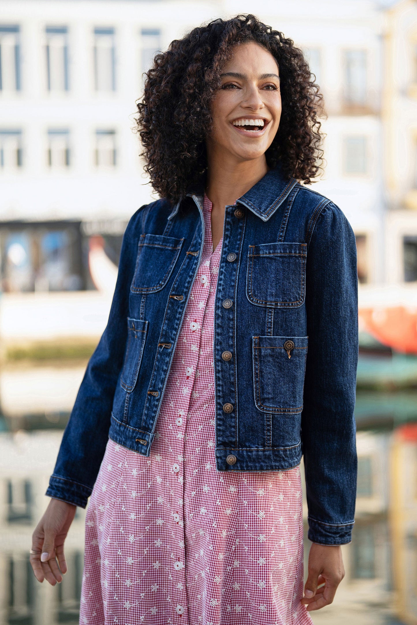 Yumi Blue Stretch Denim Jacket With Pocket Detail