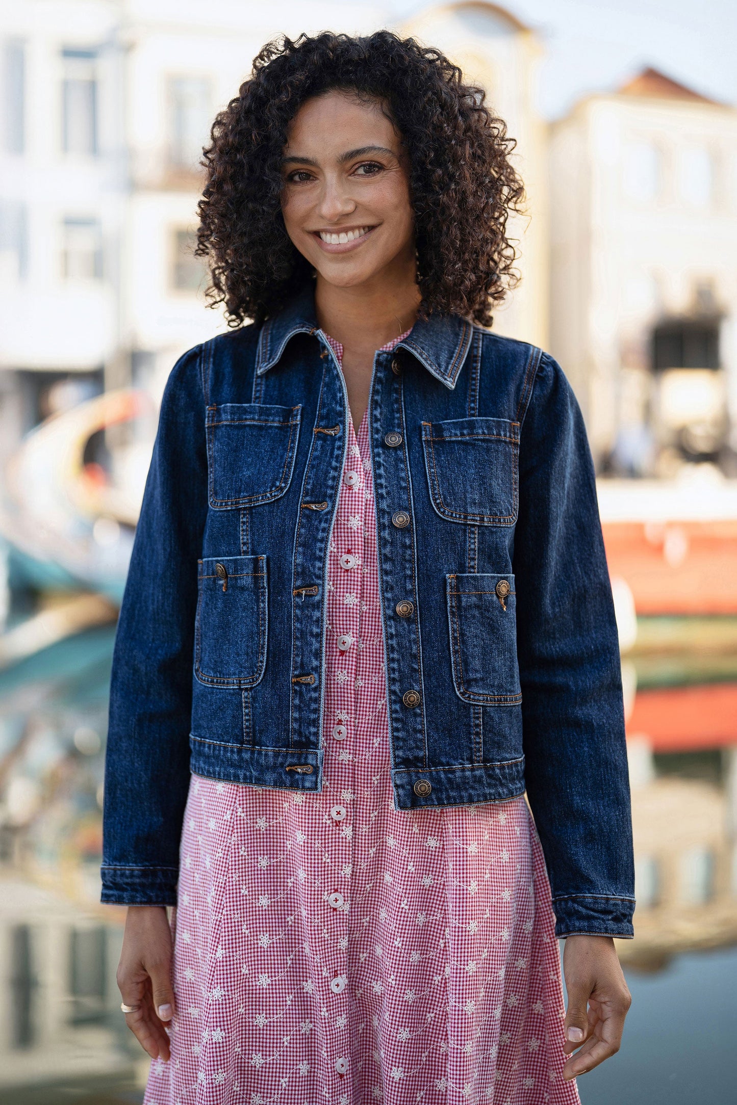 Yumi Blue Stretch Denim Jacket With Pocket Detail