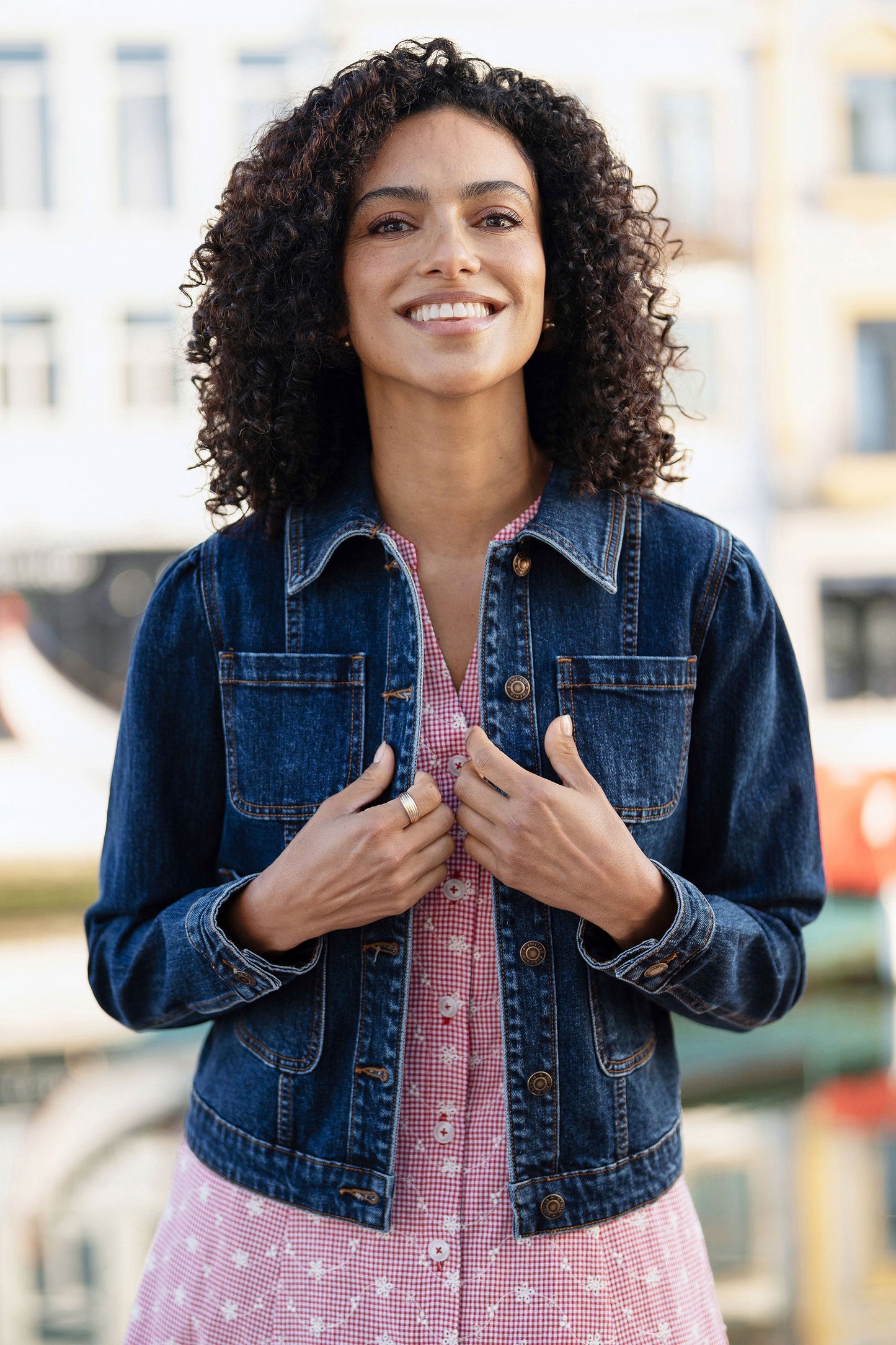 Yumi Blue Stretch Denim Jacket With Pocket Detail