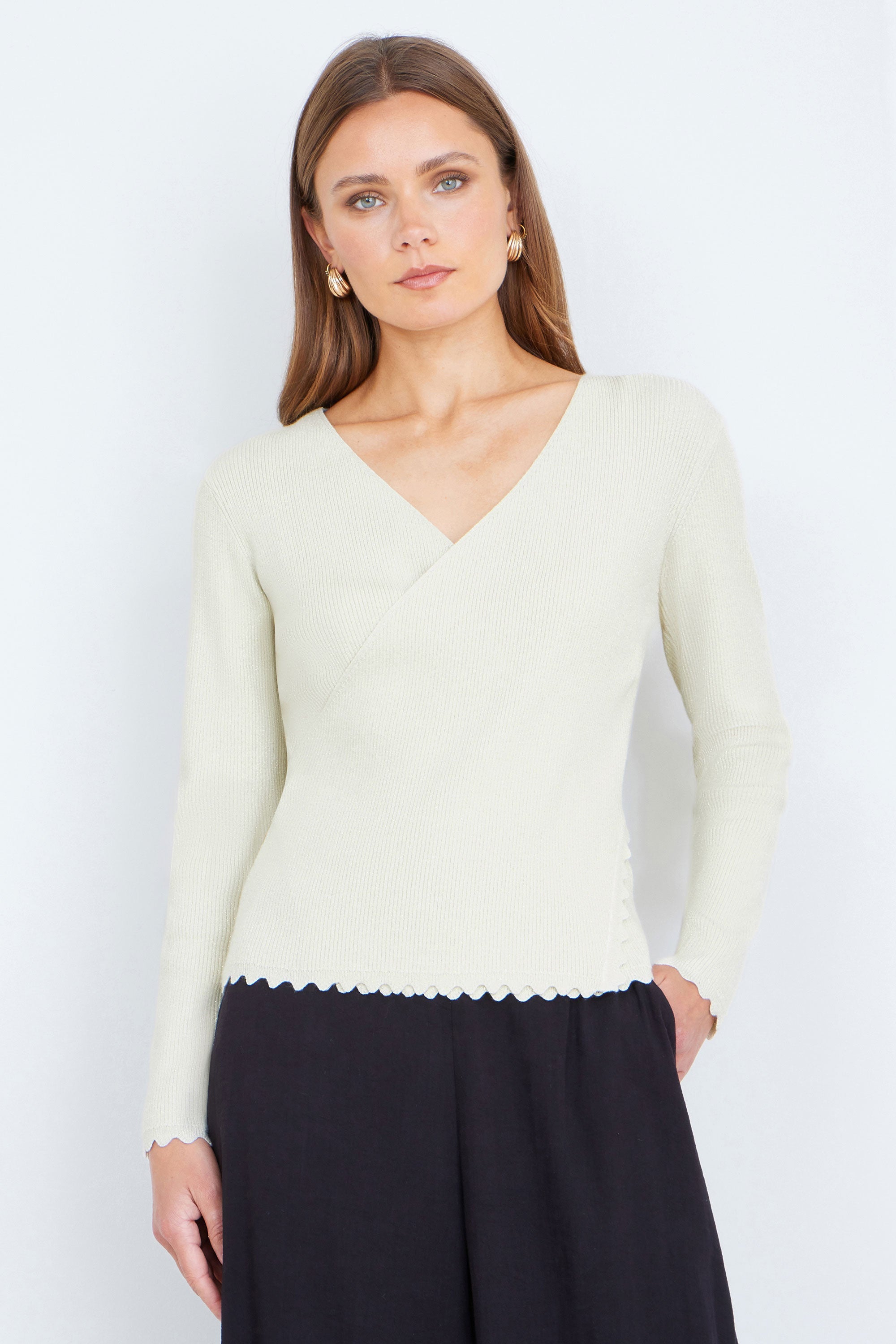 Yumi Ivory Metallic Thread Rib Wrap Knitted Top