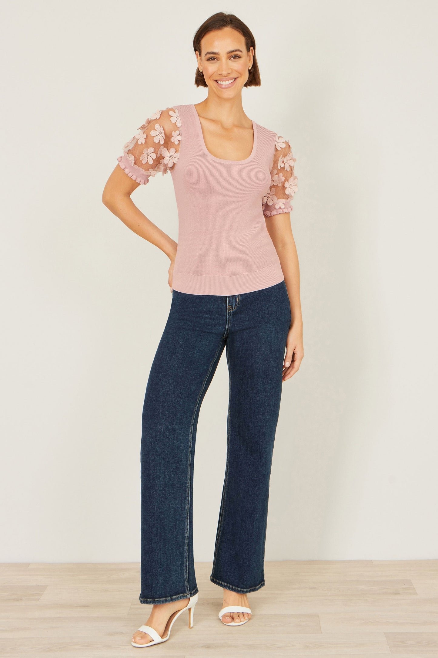 Yumi Blush Knitted Top With Floral Applique