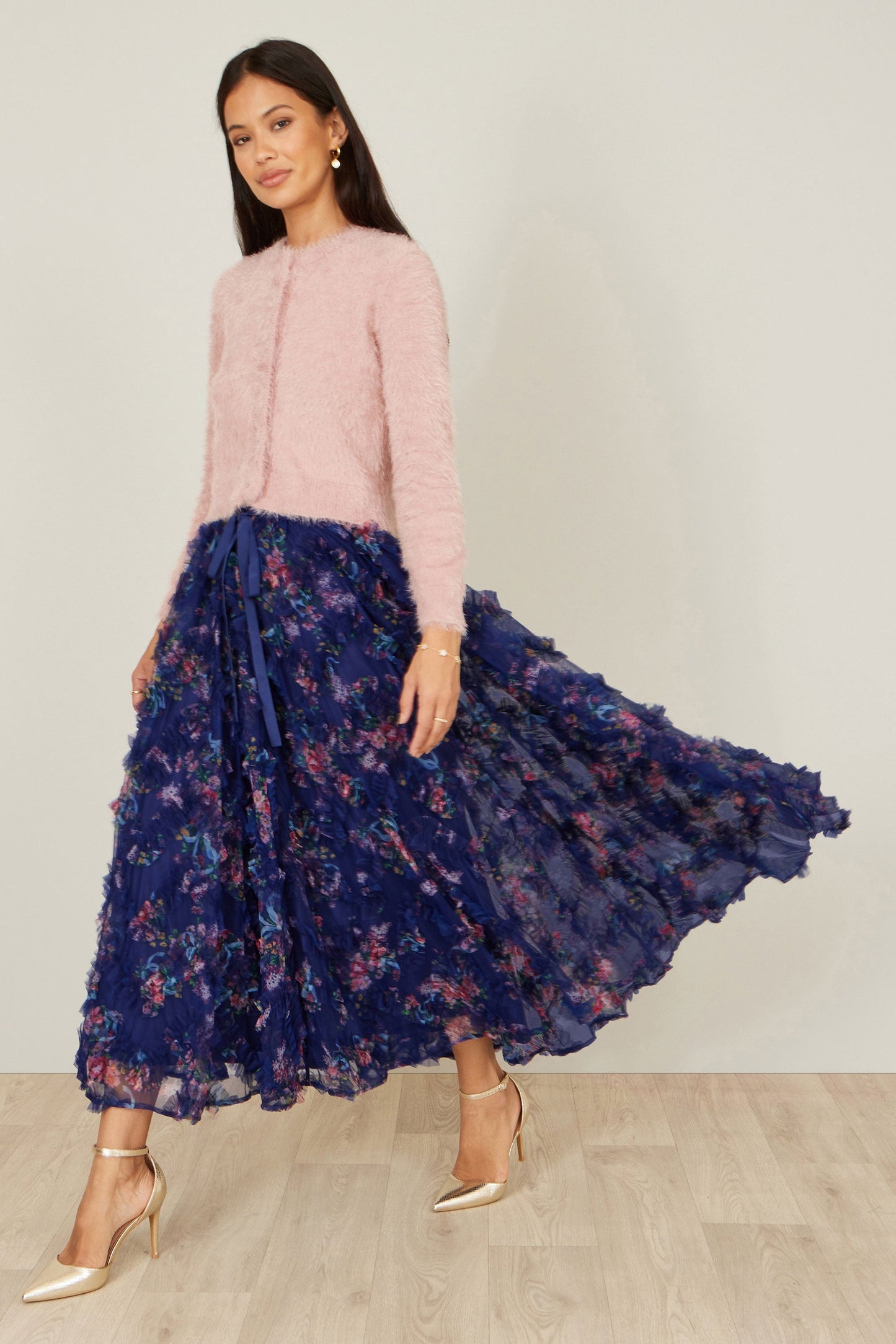 Yumi Navy Floral Ruffle Mesh Midi Skirt
