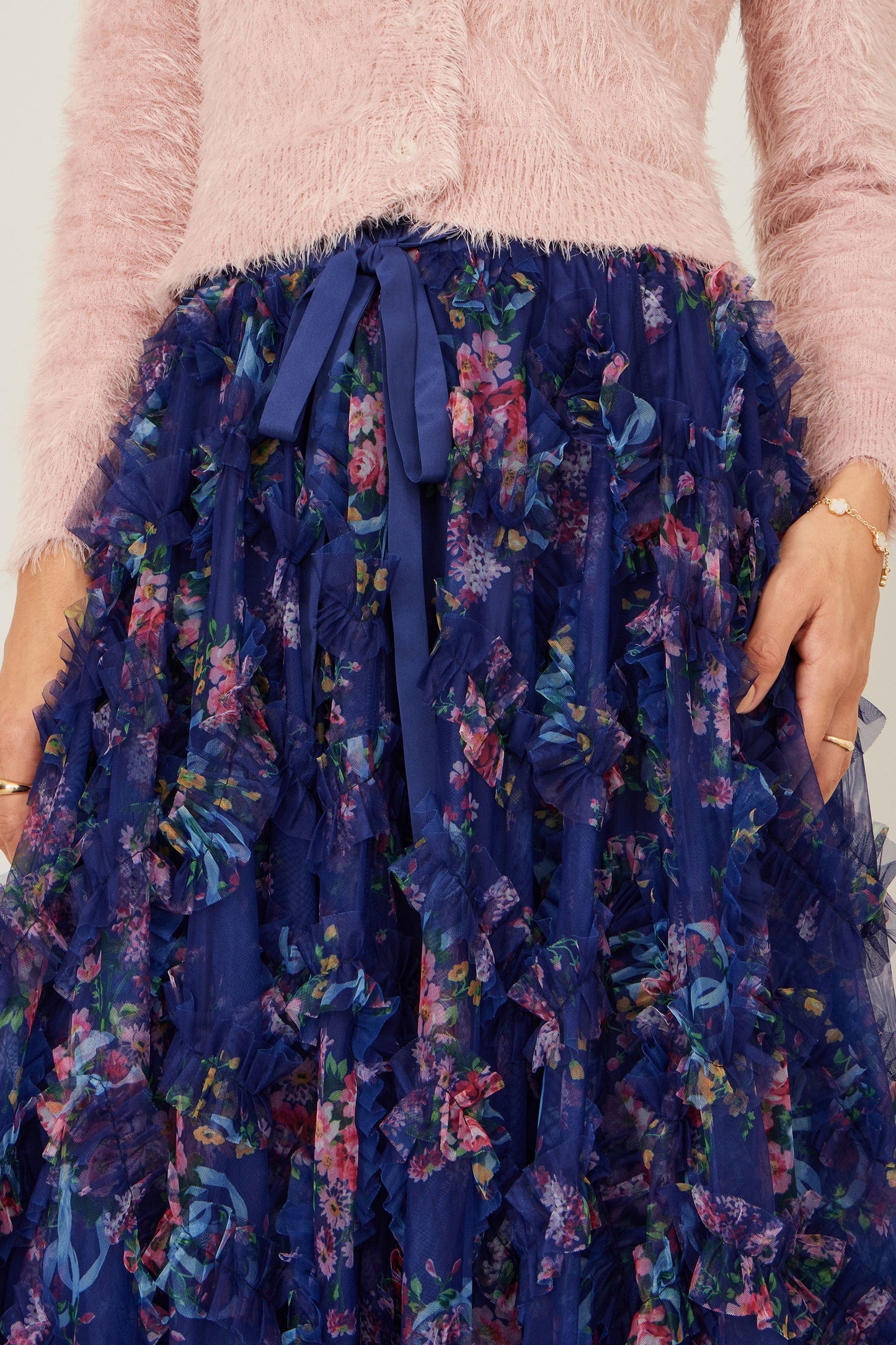 Yumi Navy Floral Ruffle Mesh Midi Skirt