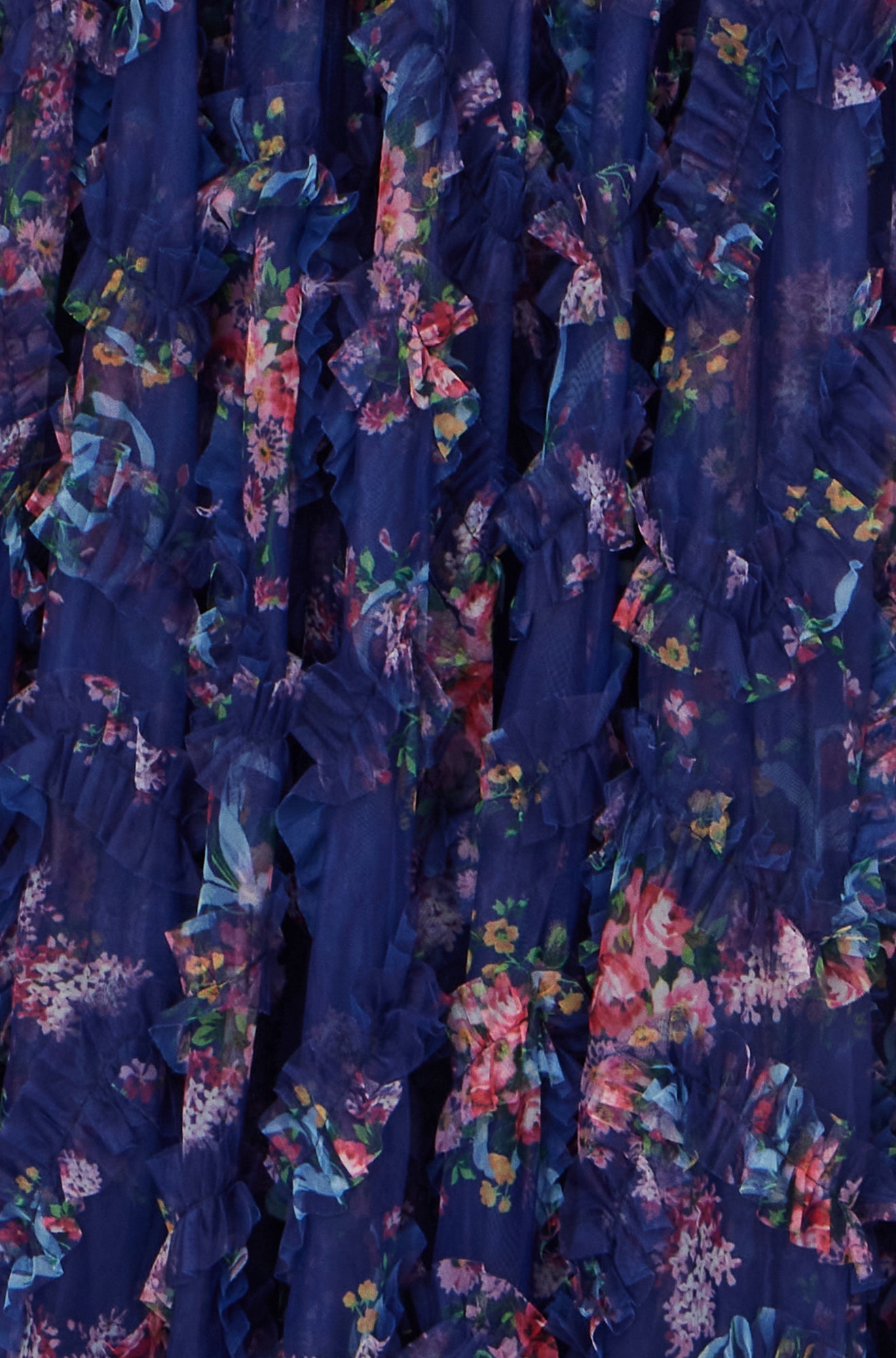 Yumi Navy Floral Ruffle Mesh Midi Skirt