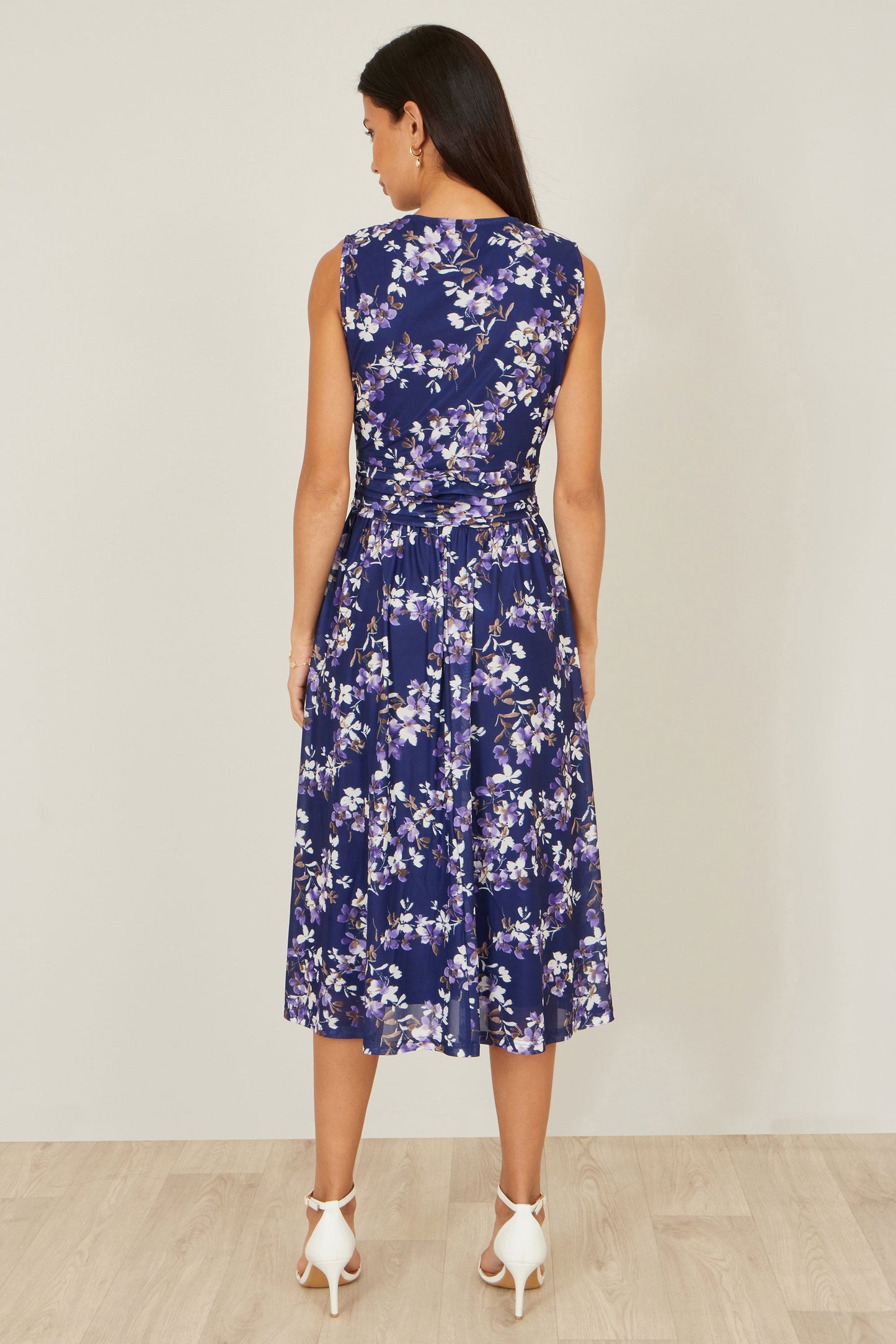 Yumi Navy Blossom Print Mesh Stretch Midi Dress With Pockets
