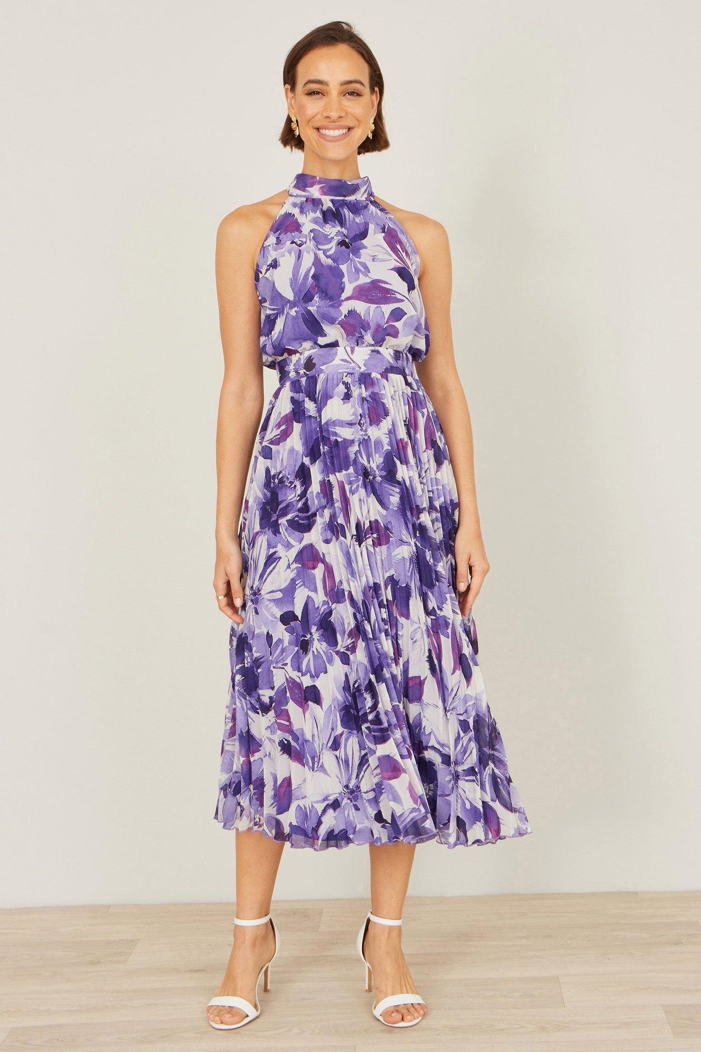 Yumi Purple Abstract Floral Halter Neck Pleated Midi Dress