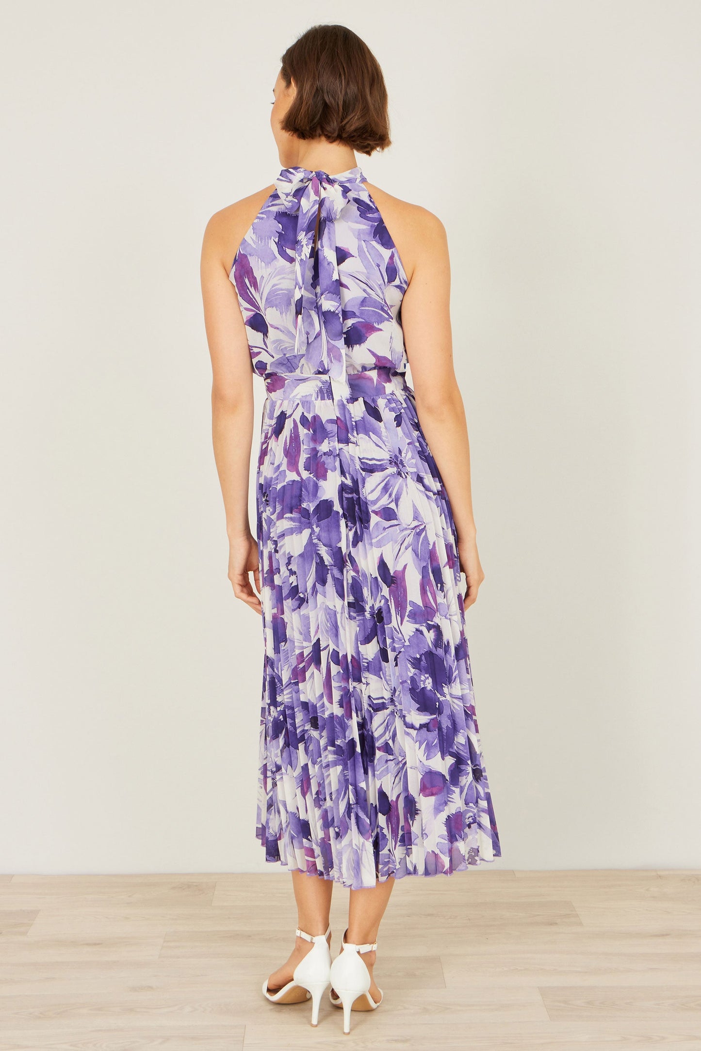 Yumi Purple Abstract Floral Halter Neck Pleated Midi Dress