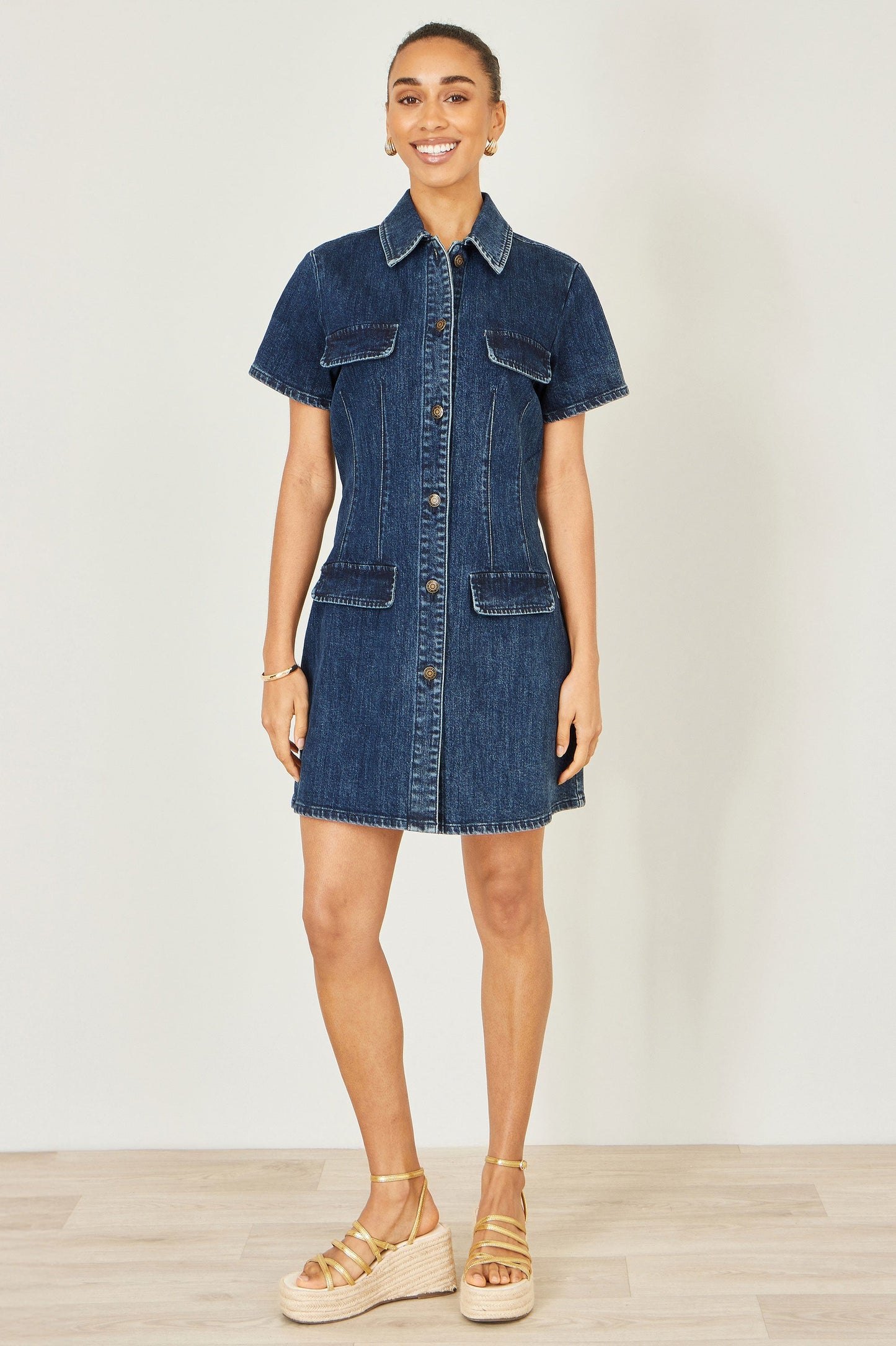 Yumi Blue Denim Stretch Shirt Dress With Pocket Details
