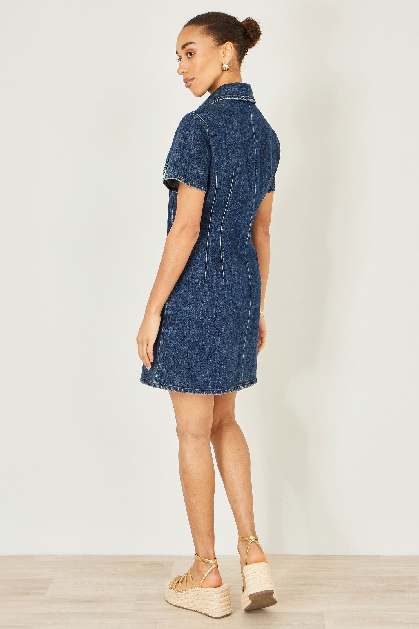 Yumi Blue Denim Stretch Shirt Dress With Pocket Details