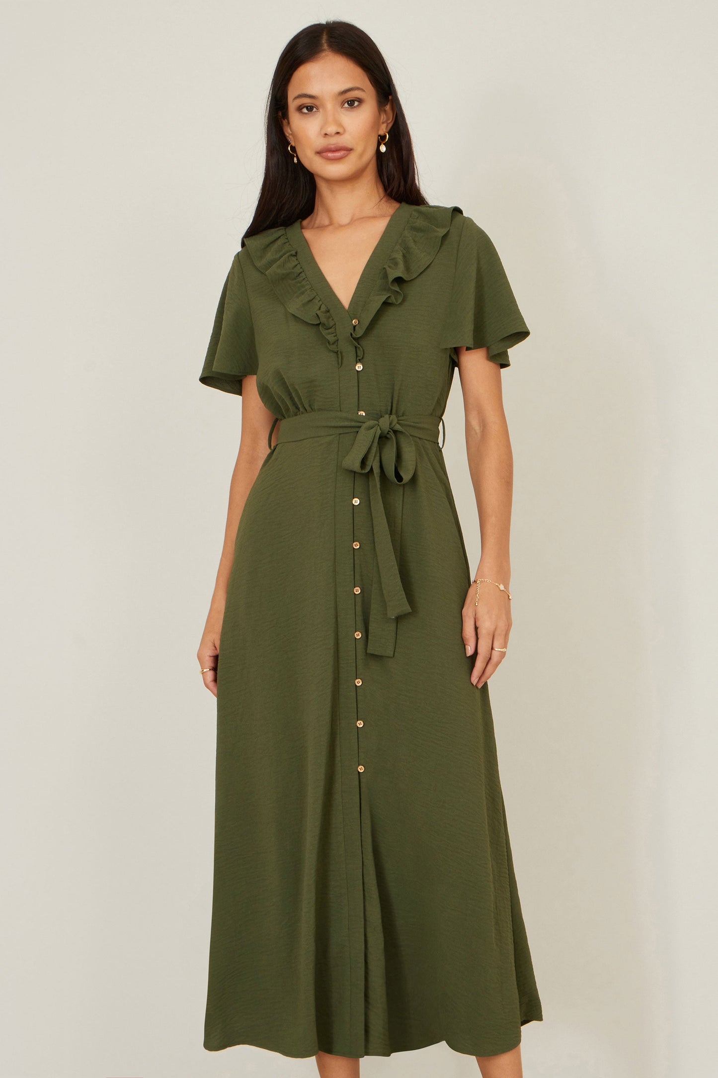 Yumi Green Ruffle Collar Midi Shirt Dress