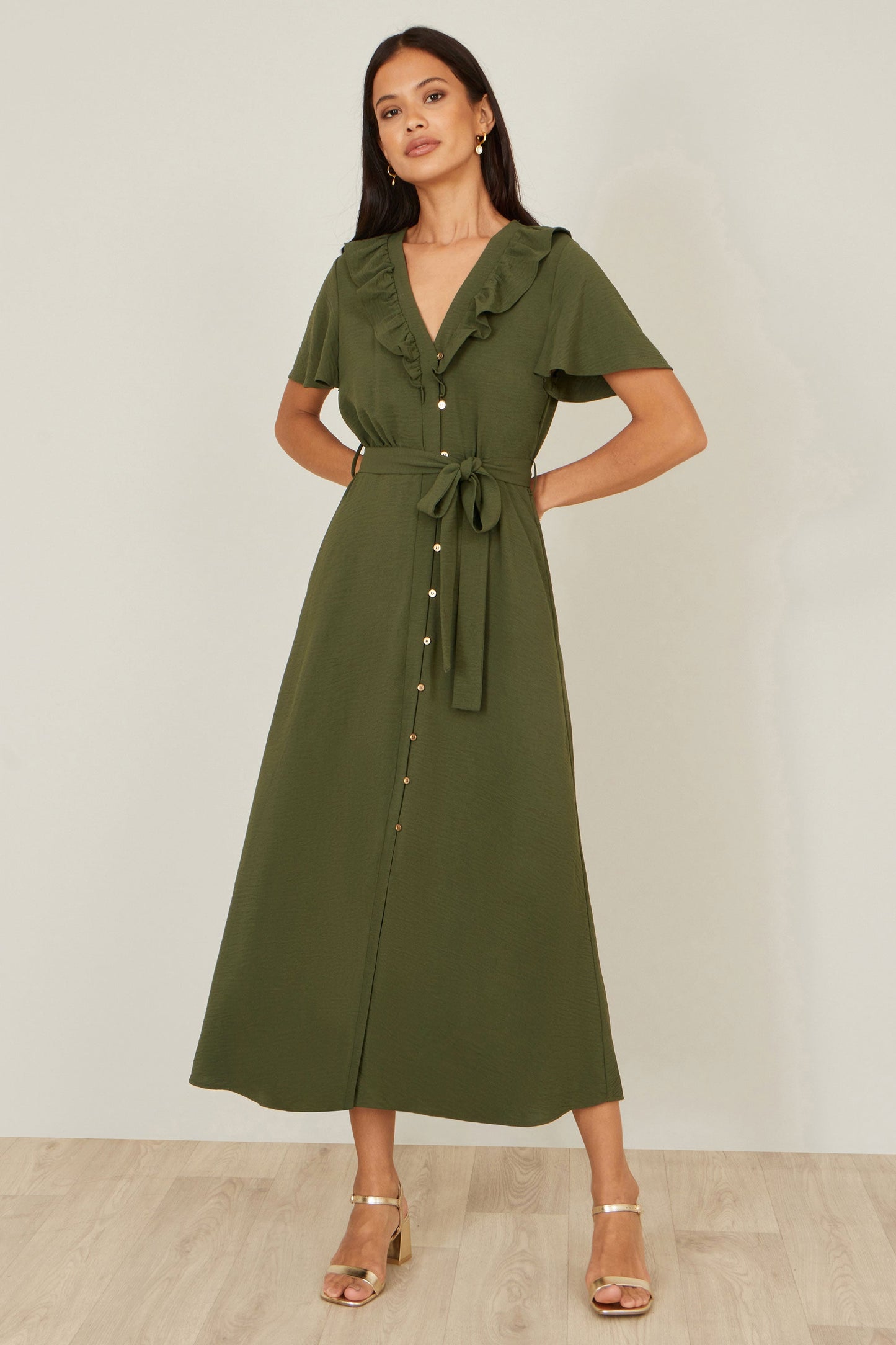 Yumi Green Ruffle Collar Midi Shirt Dress