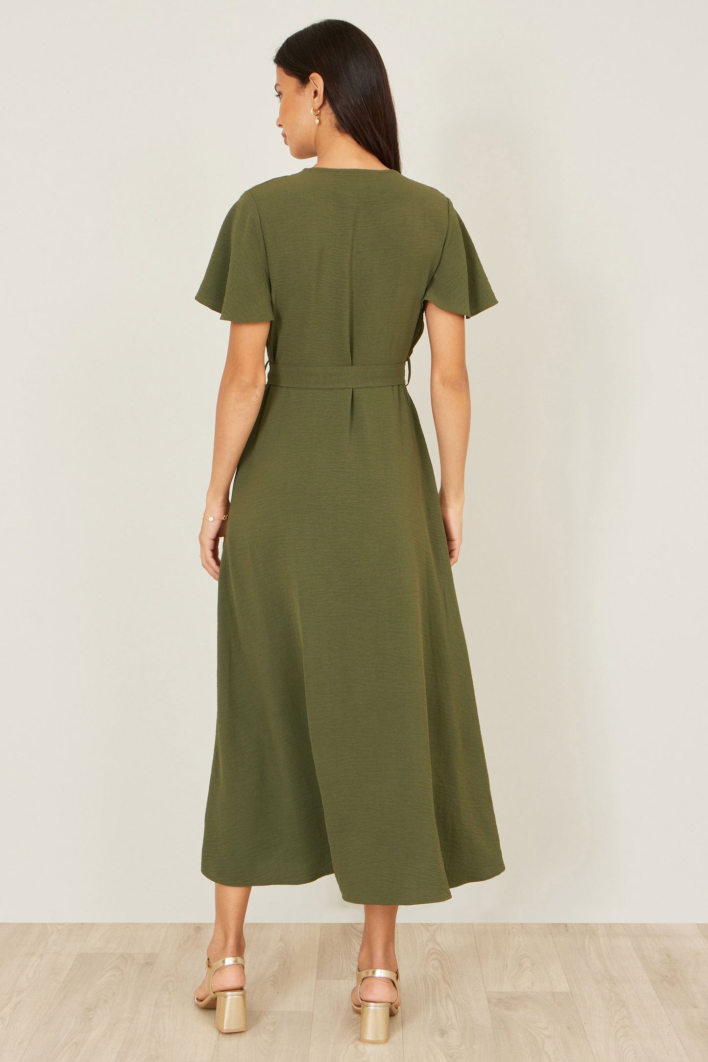 Yumi Green Ruffle Collar Midi Shirt Dress