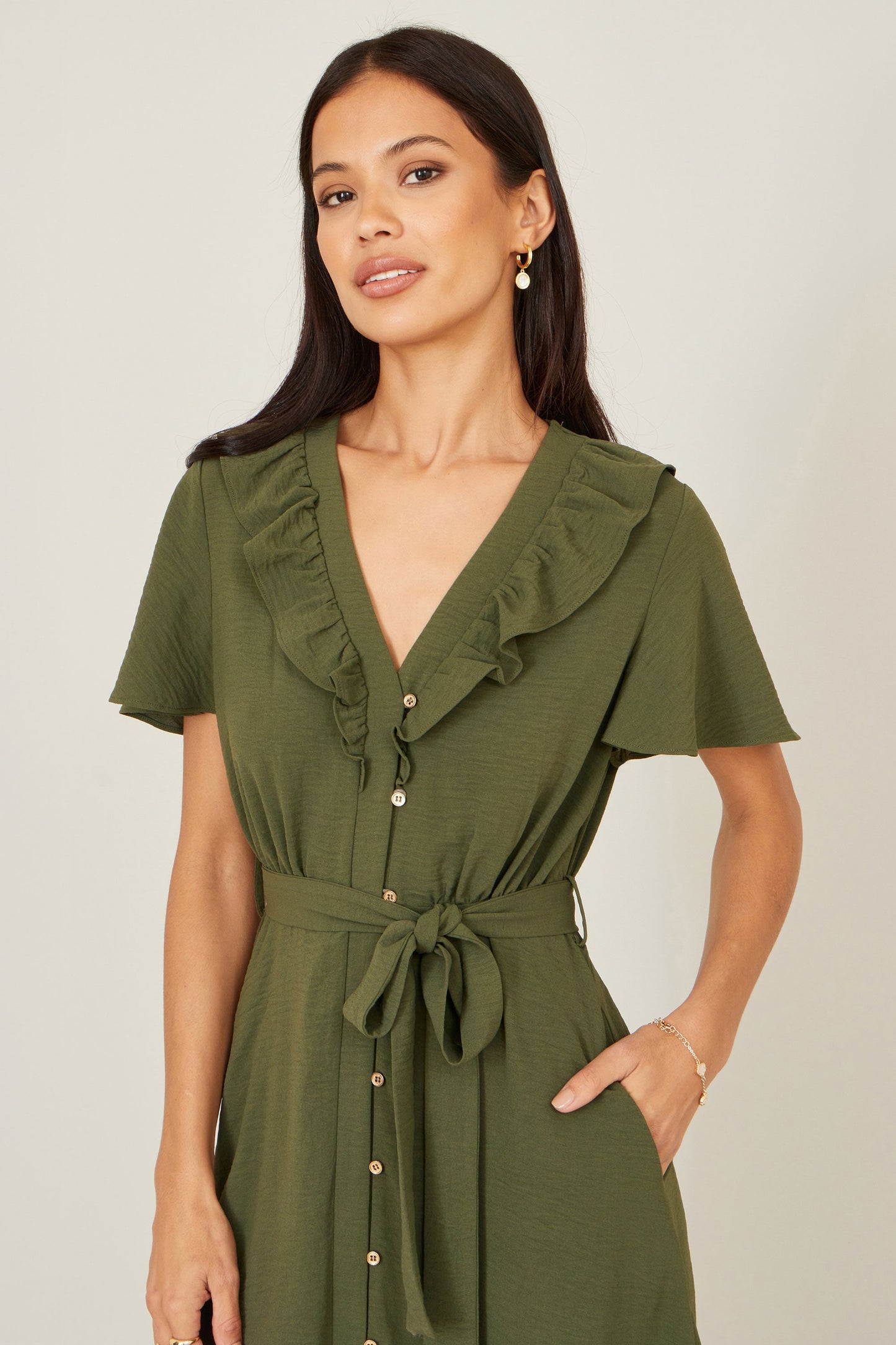 Yumi Green Ruffle Collar Midi Shirt Dress