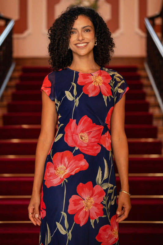 Yumi Navy Poppy Print Midi Mesh Dress