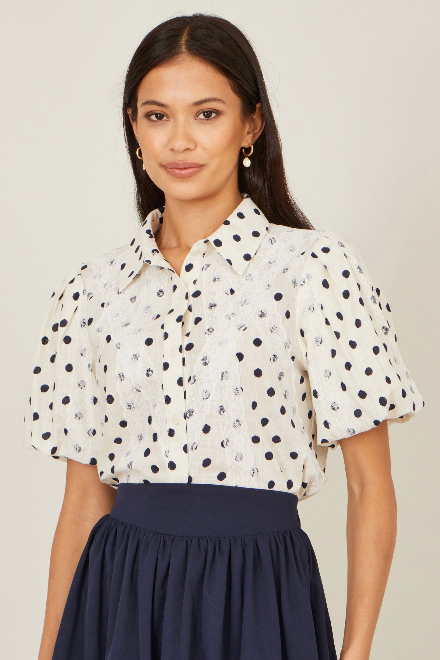 Yumi White Polka Dot Lace Boxy Shirt