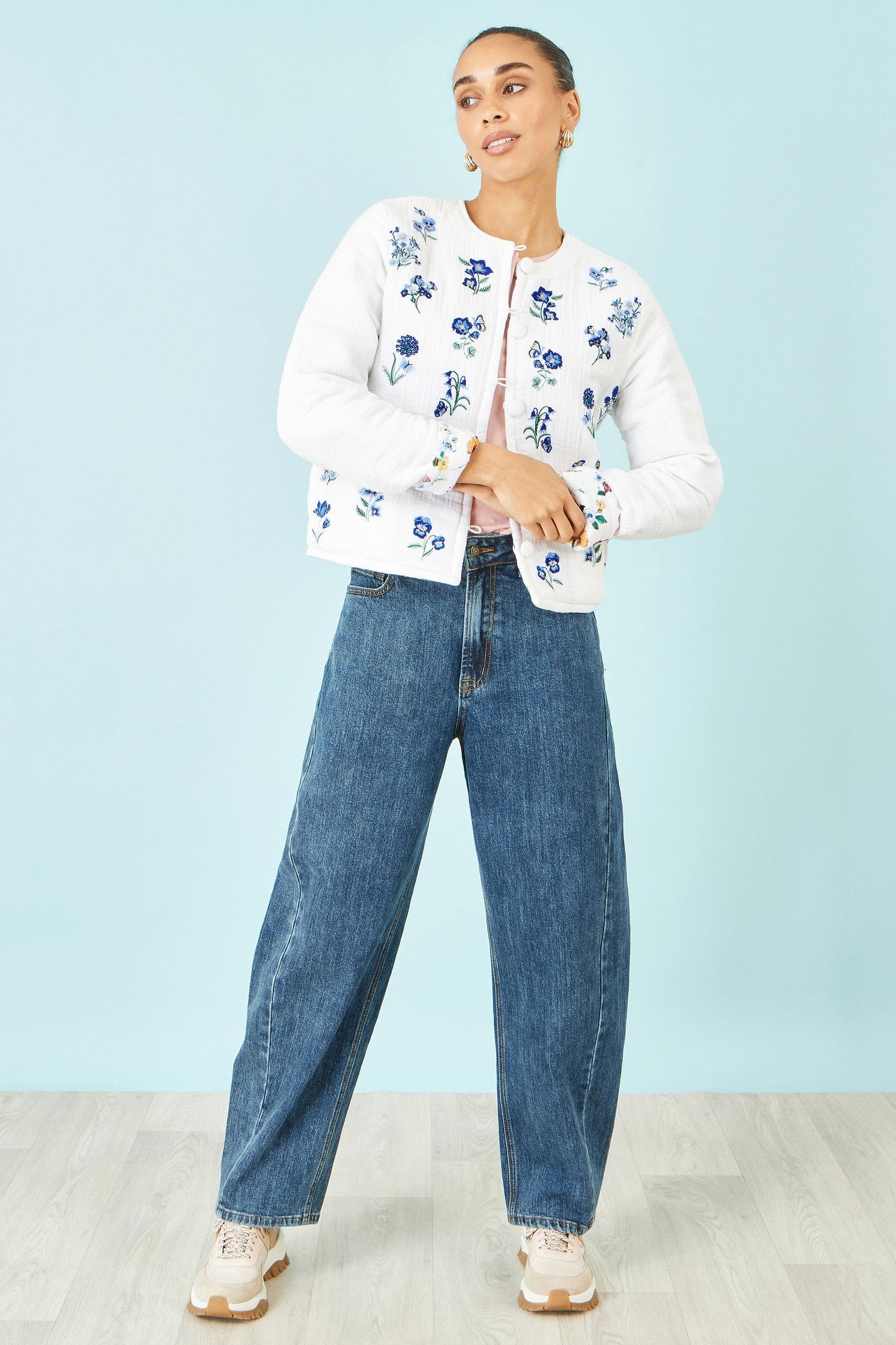 Yumi White Floral Embroidery Reversible Cotton Jacket