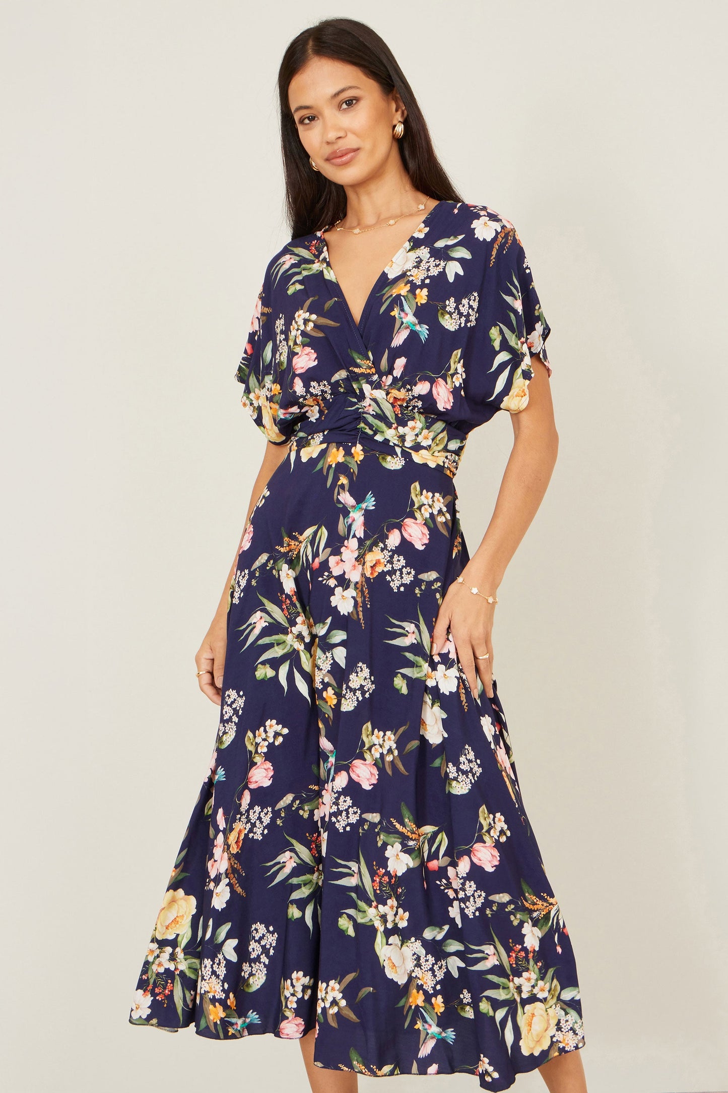 Yumi Navy Viscose Floral Print Midi Dress With Ruched Waist