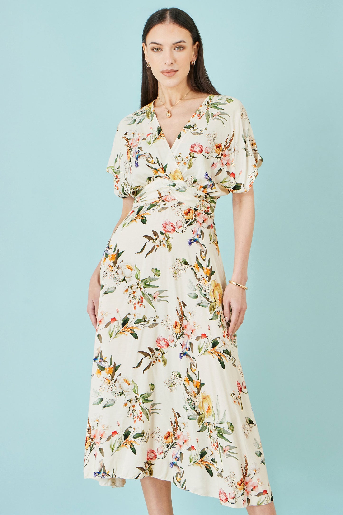 Yumi Ivory Viscose Floral Print Midi Dress With Ruched Waist