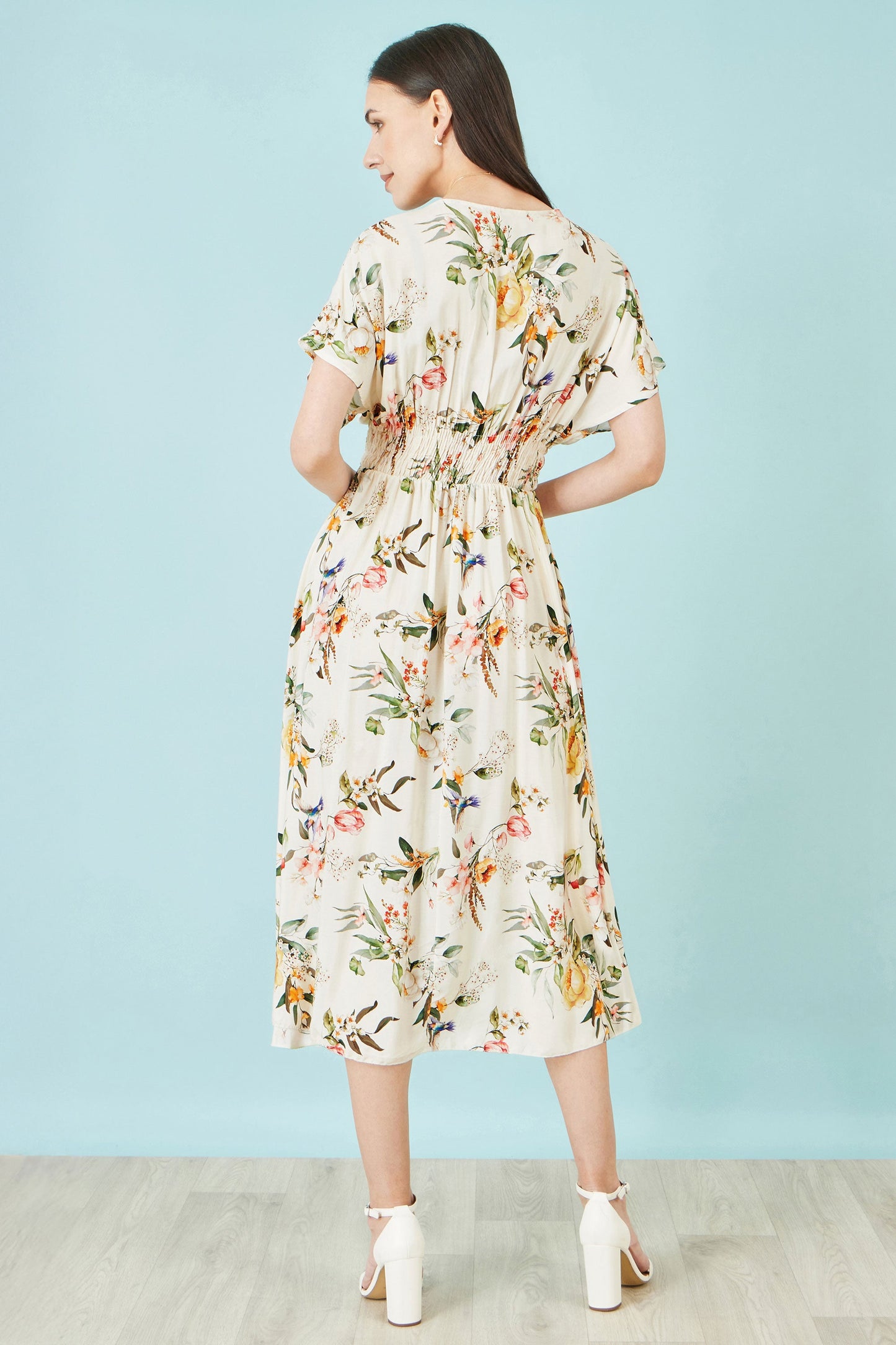 Yumi Ivory Viscose Floral Print Midi Dress With Ruched Waist