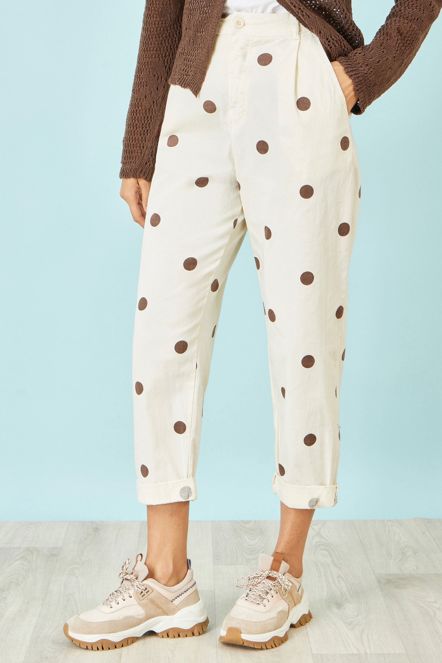 Yumi Brown Spot Print Cotton Canvas Chinos