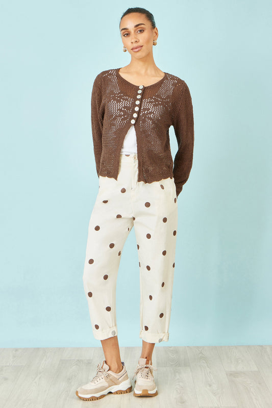 Yumi Brown Spot Print Cotton Canvas Chinos