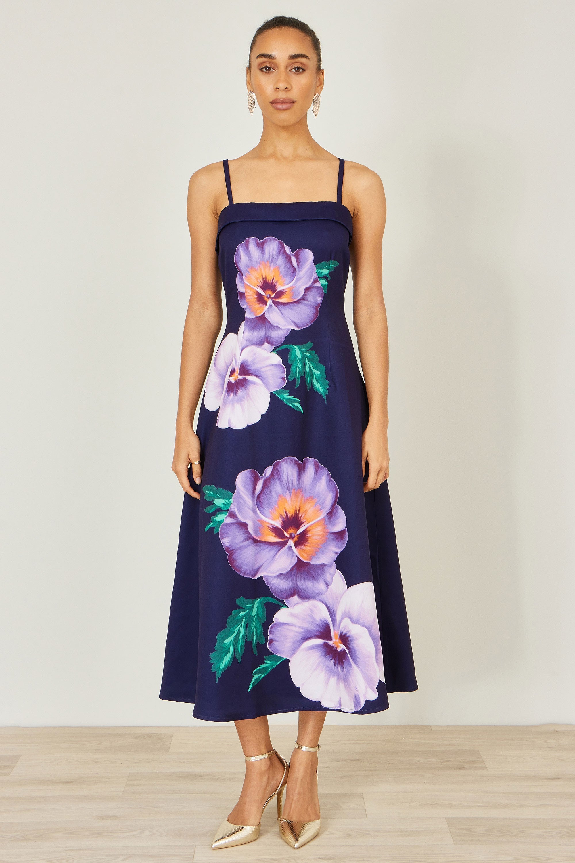 Yumi Navy Pansy Strappy Midi Dress