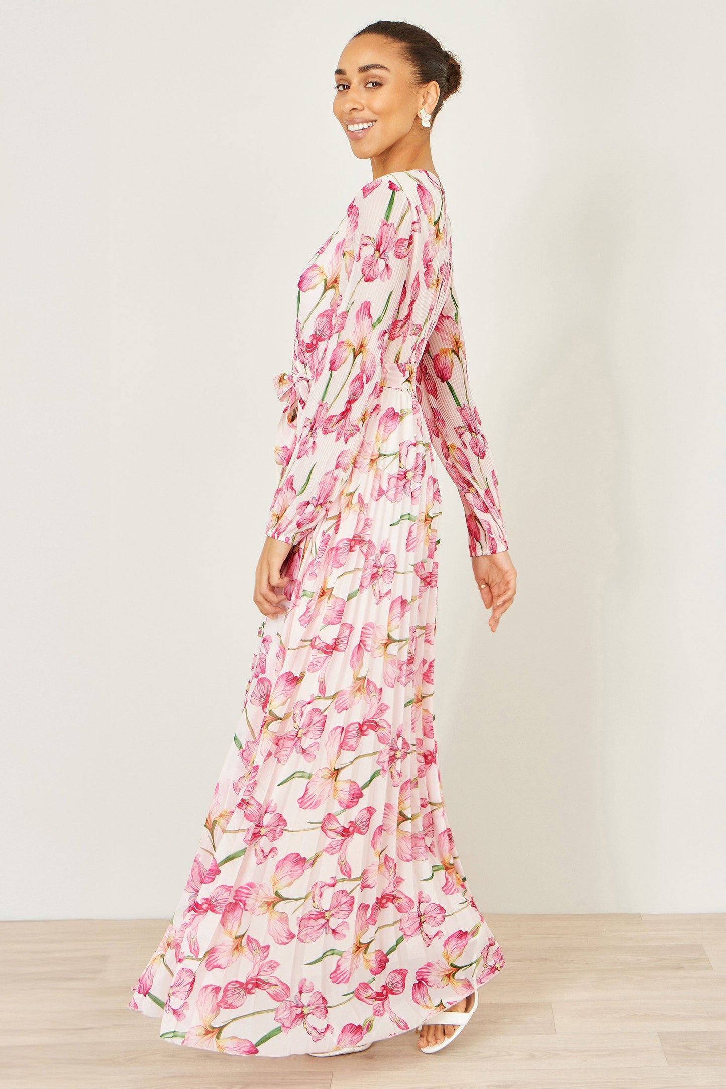 Yumi White Orchid Floral Pleated Wrap Maxi Dress