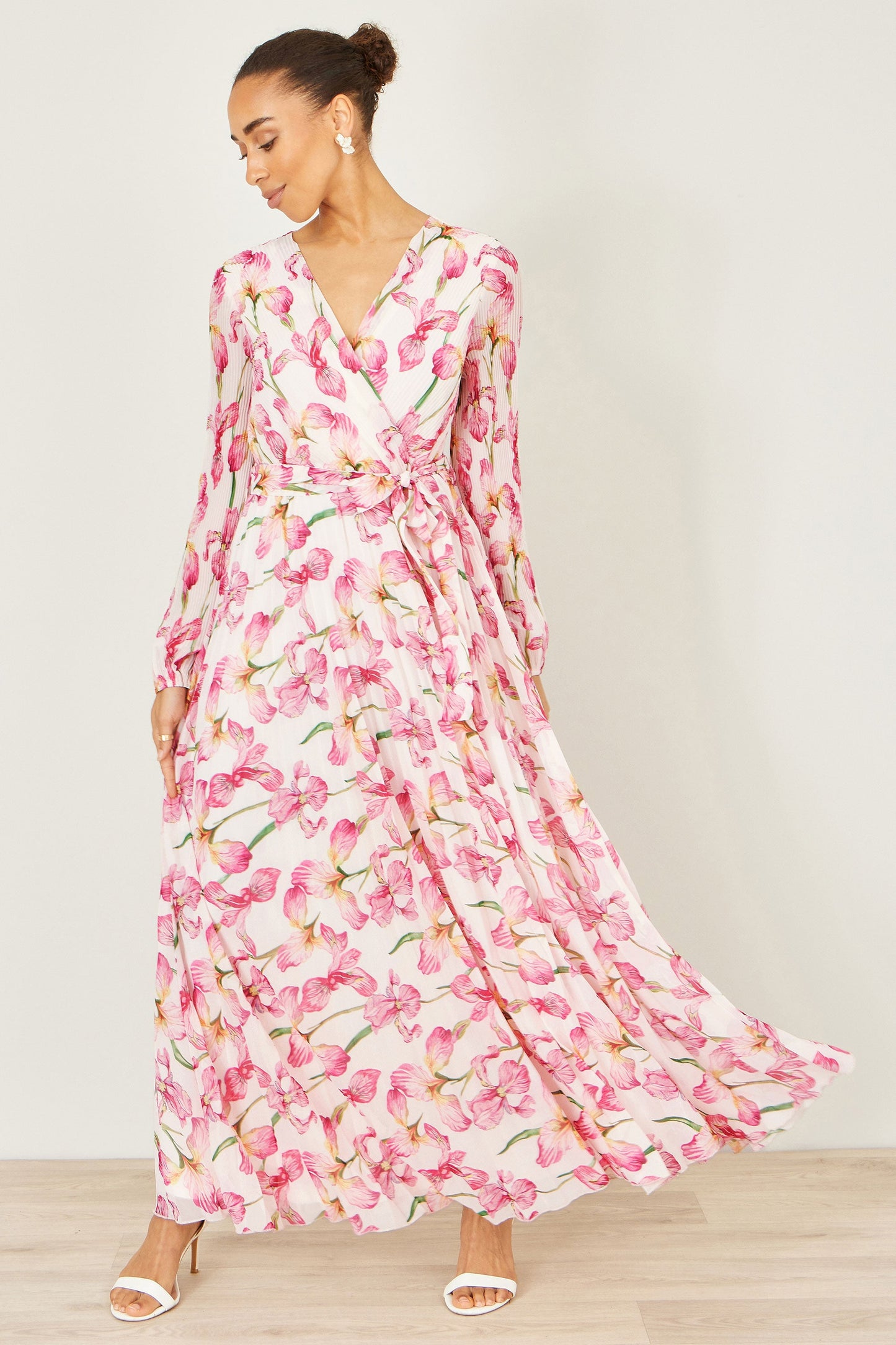 Yumi White Orchid Floral Pleated Wrap Maxi Dress