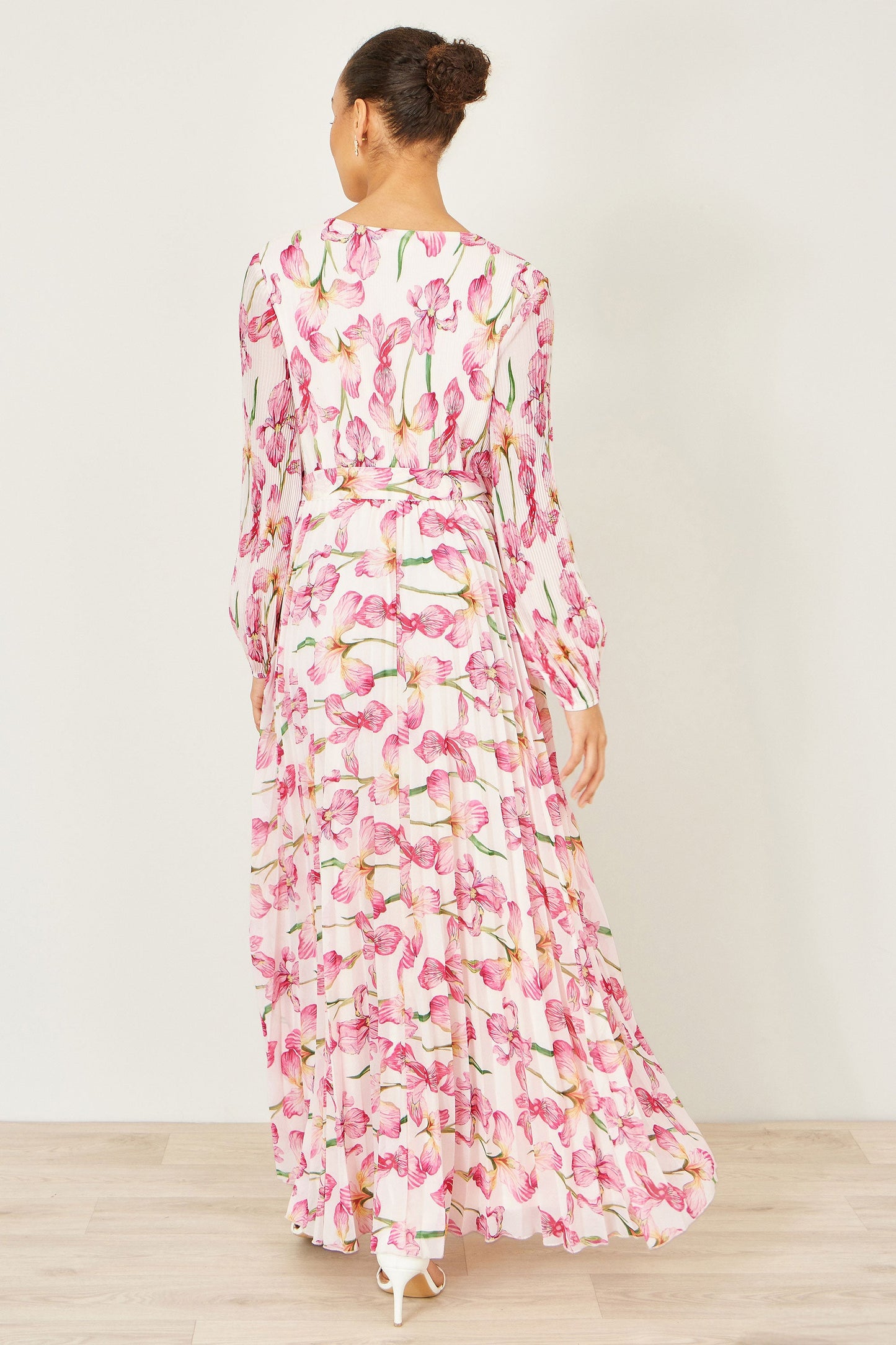 Yumi White Orchid Floral Pleated Wrap Maxi Dress
