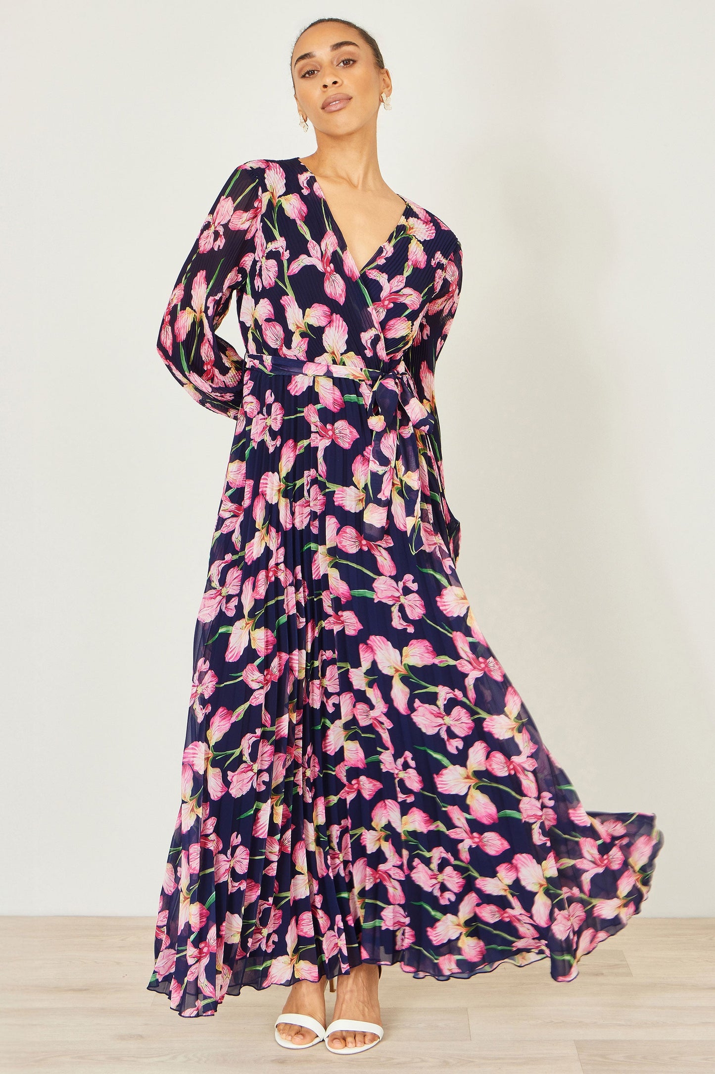 Yumi Navy Orchid Floral Pleated Wrap Maxi Dress