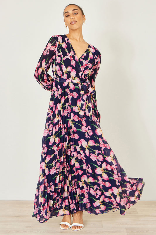 Yumi Navy Orchid Floral Pleated Wrap Maxi Dress