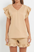 Ladies V Neck Frill Peplum Sleeve Top and Short 2 Piece Tracksuit Set