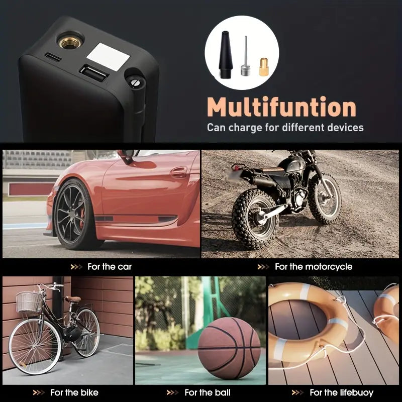 Portable Tire Inflator for Cars, Motorcycles & Bicycles – Compact Air Pump with Digital Display, Fast Inflation & Rear Storage Case