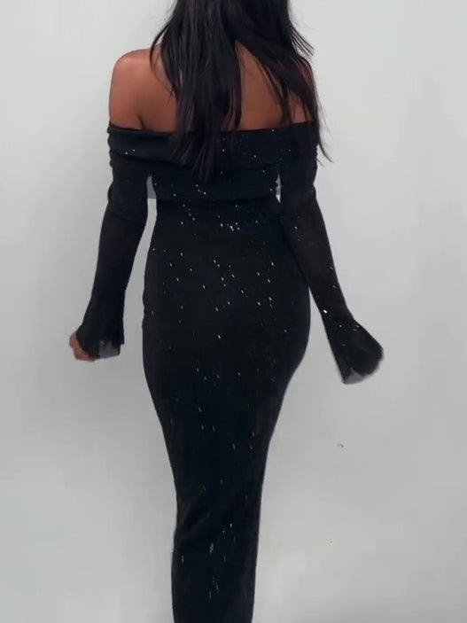 Black Off-Shoulder Maxi Dress With Glitter Detail And Mesh Sleeves