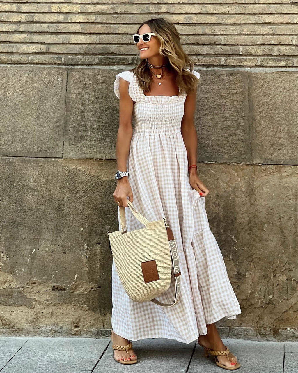 Summer Plaid Print Pleated Ruffle Dress INS Fashion Sleeveless A-line Swing Beach Dress Women's Clothing