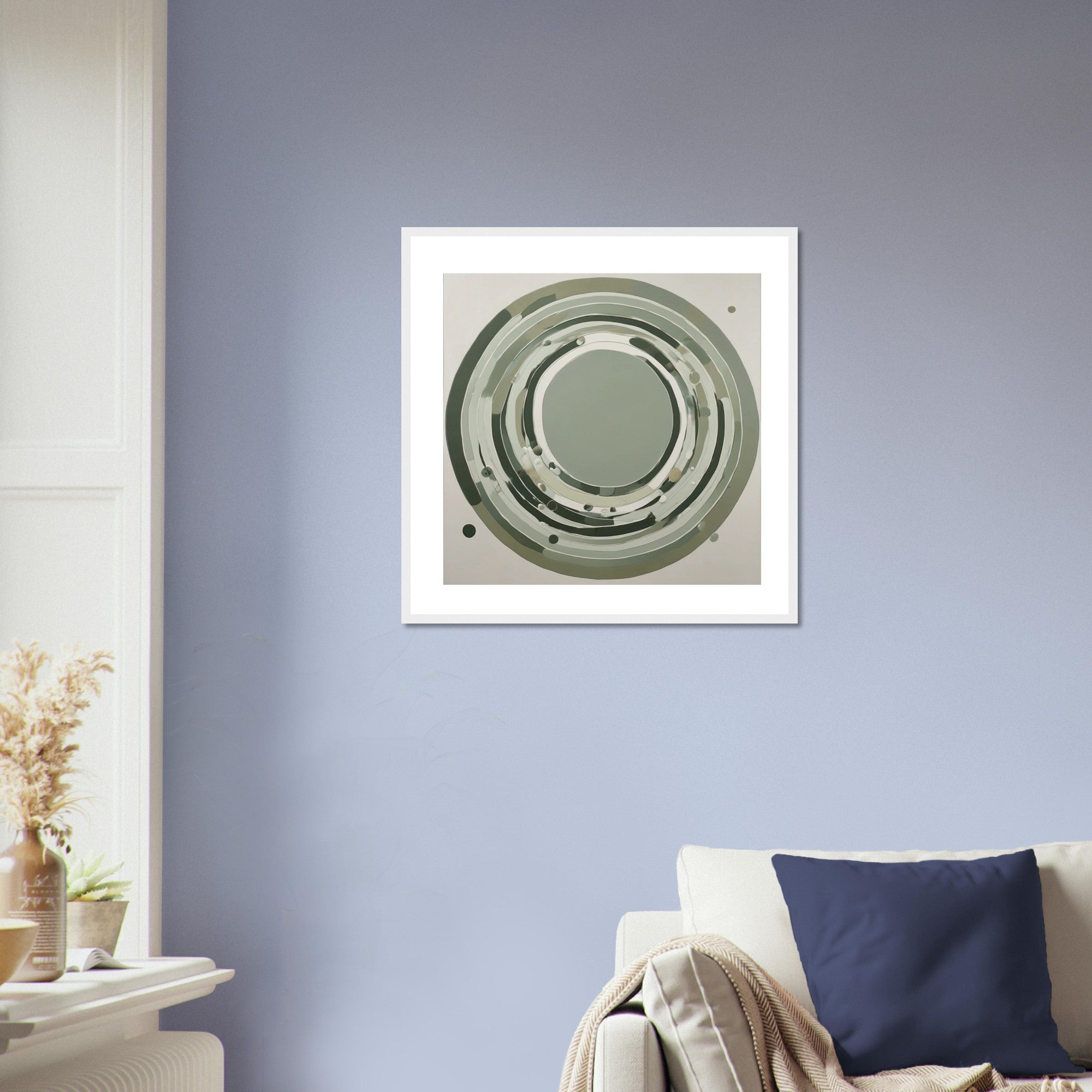 Sage Green Circular Abstract Framed Poster – Minimalist Geometric Wall Art