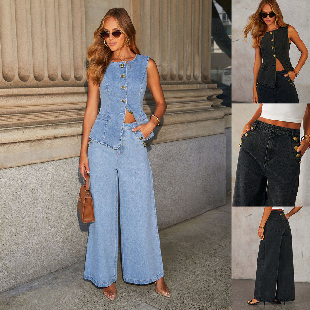 Denim Vest Suits Fashion Sleeveless Button Tops And Wide Leg Straight Pants With Pockets Women's Trousers Set