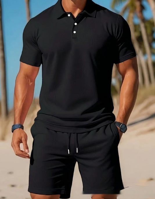 Men's Casual Beach Mesh Lapel Set Summer Comfortable Breathable Loose Solid-Color Sports Short-Sleeved Shirt And Shorts Set