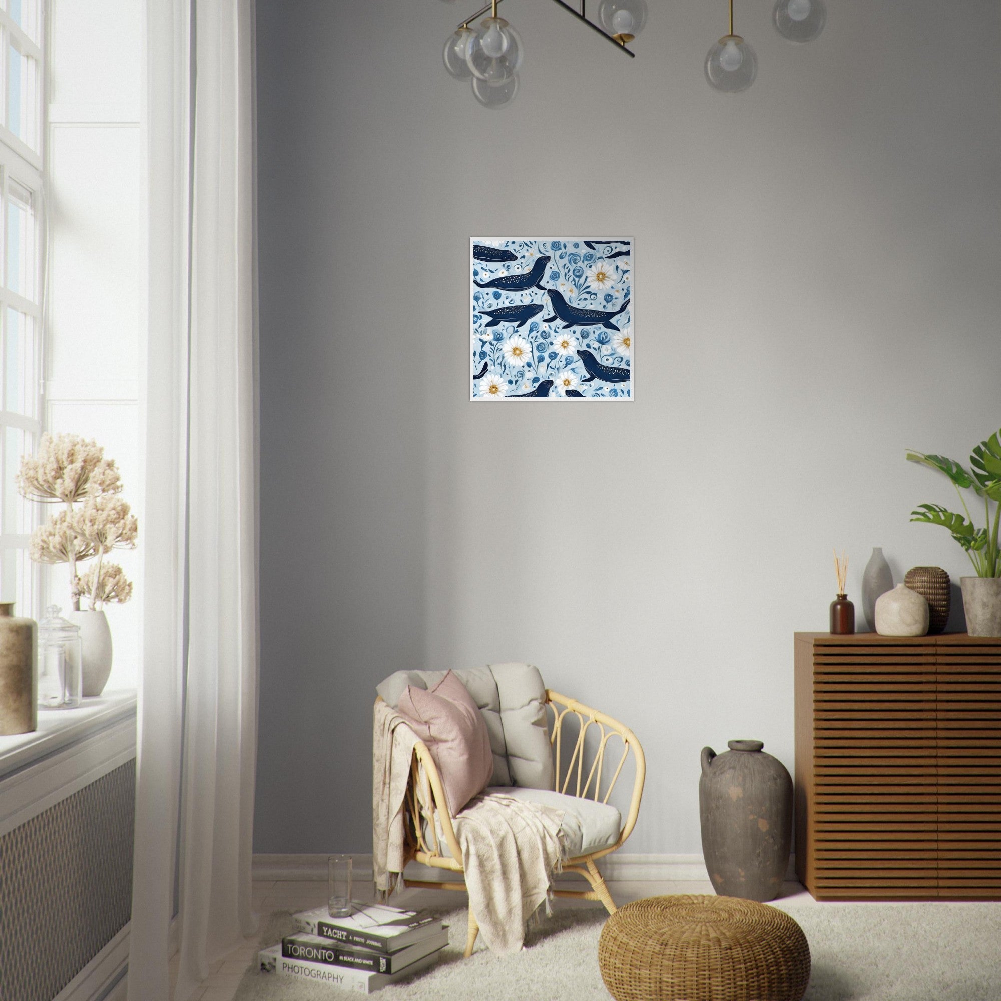 Whimsical Seal and Daisy Framed Wall Art – Coastal Nature Print, Ready to Hang