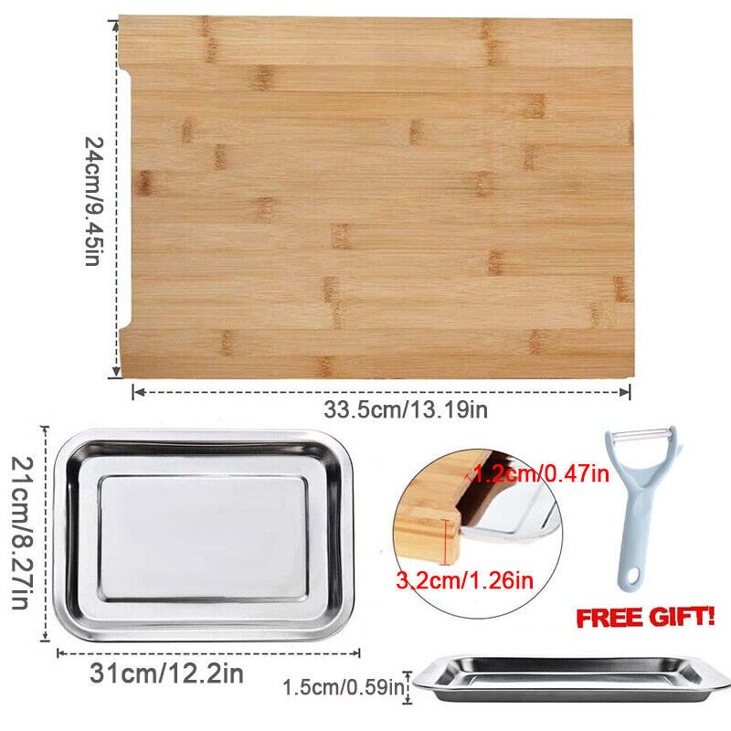 Bamboo Wooden Chopping Board Cutting Slicing  Sliding Stainless Steel Tray