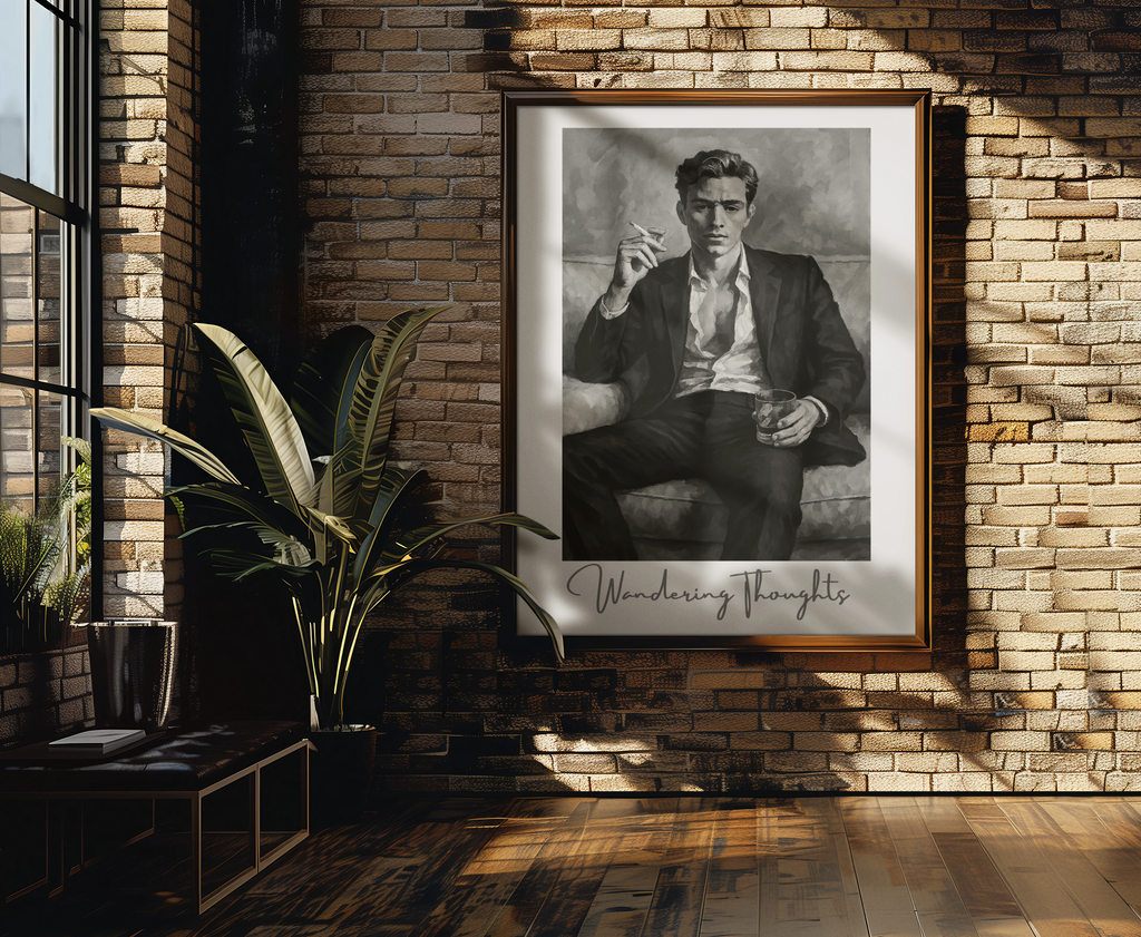 Contemplative Mood Poster. Stylish Man with Whiskey & Cigarette - Retro Decor