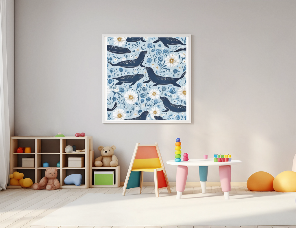 Whimsical Seal and Daisy Framed Wall Art – Coastal Nature Print, Ready to Hang